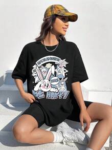 SHEIN EZwear 卡通和標語圖案落肩袖超大號T恤 - 黑色 - 查看 6