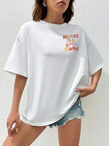 SHEIN Qutie Slogan Graphic Drop Shoulder Oversized Tee - White - View 2