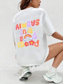 SHEIN Qutie Slogan Graphic Drop Shoulder Oversized Tee - White - View 5