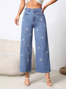 SHEIN PETITE Quần jean nữ Nút Thêu Túi Dây kéo Hoa - Rửa nhẹ - Xem 1