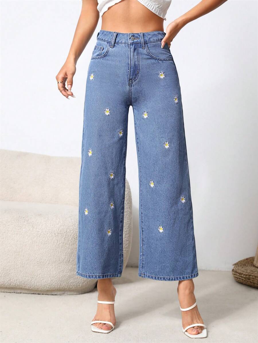 SHEIN PETITE Quần jean nữ Nút Thêu Túi Dây kéo Hoa - Rửa nhẹ - Xem 1