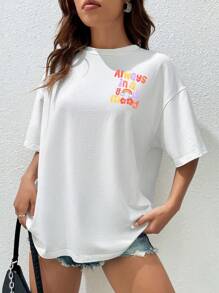 SHEIN Qutie Slogan Graphic Drop Shoulder Oversized Tee - White - View 7