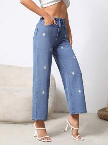 SHEIN PETITE Quần jean nữ Nút Thêu Túi Dây kéo Hoa - Rửa nhẹ - Xem 3