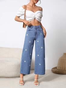 SHEIN PETITE Quần jean nữ Nút Thêu Túi Dây kéo Hoa - Rửa nhẹ - Xem 4