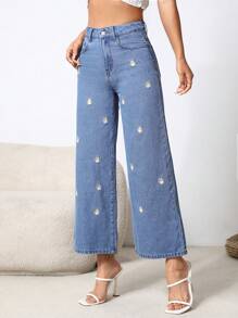 SHEIN PETITE Quần jean nữ Nút Thêu Túi Dây kéo Hoa - Rửa nhẹ - Xem 5