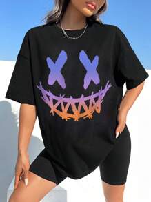 SHEIN Coolane 卡通圖案落肩袖超大號T恤 - 黑色 - 查看 1