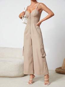 SHEIN PETITE 拉鏈開襟側翻蓋口袋吊帶連體褲