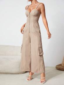 SHEIN PETITE 拉鏈開襟側翻蓋口袋吊帶連體褲