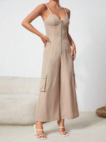 SHEIN PETITE 拉鏈開襟側翻蓋口袋吊帶連體褲