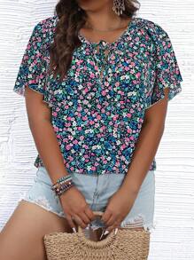 SHEIN Holidaya 波西米亞前綁帶蝴蝶結小碎花加大襯衫