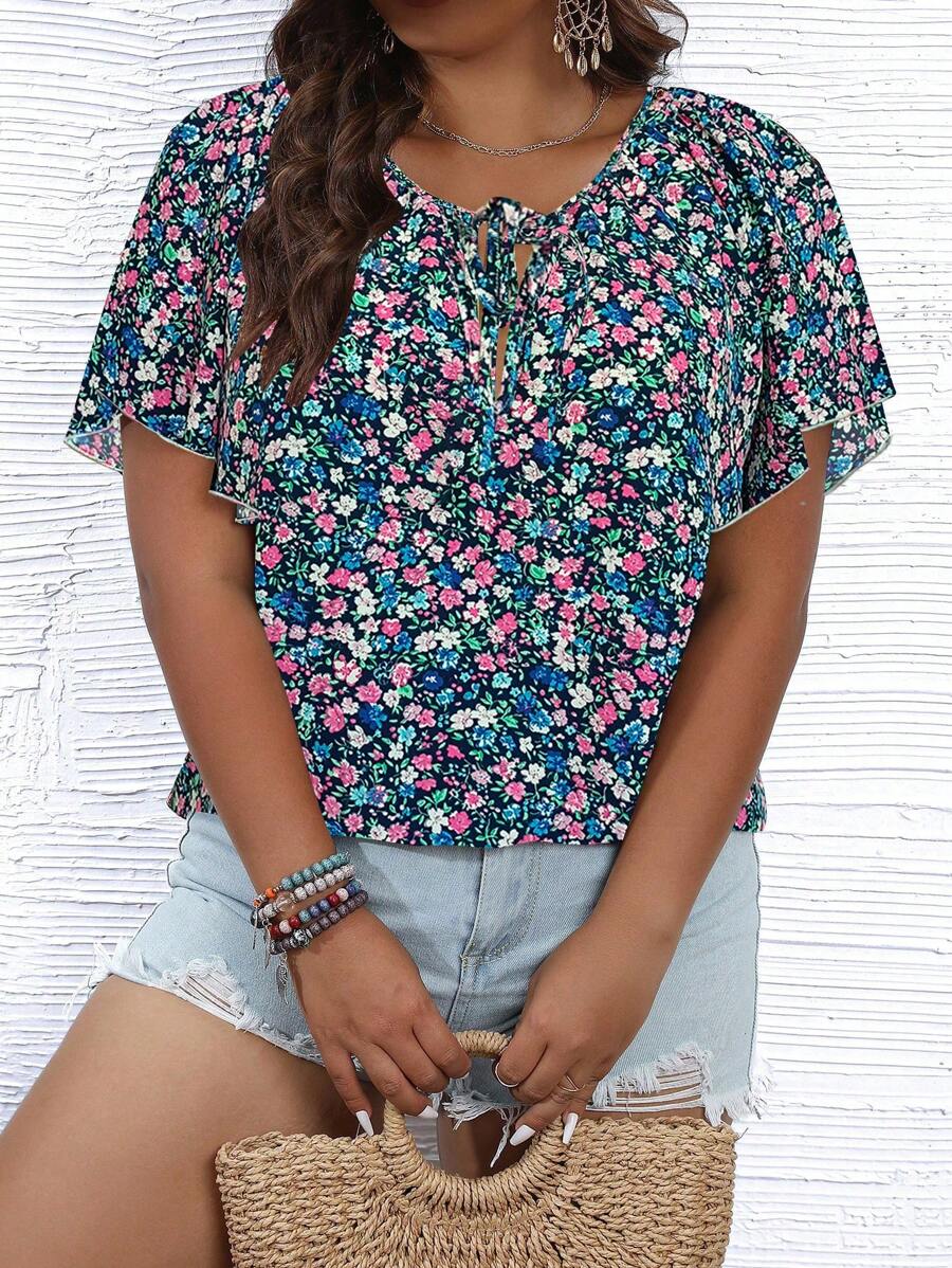 SHEIN Holidaya 波西米亞前綁帶蝴蝶結小碎花加大襯衫