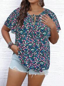 SHEIN Holidaya 波西米亞前綁帶蝴蝶結小碎花加大襯衫