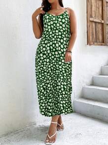 Calvaya 大碼滿版印花吊帶連衣裙 - 綠色 - 查看 1
