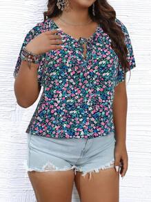 SHEIN Holidaya 波西米亞前綁帶蝴蝶結小碎花加大襯衫