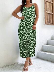Calvaya 大碼滿版印花吊帶連衣裙 - 綠色 - 查看 4