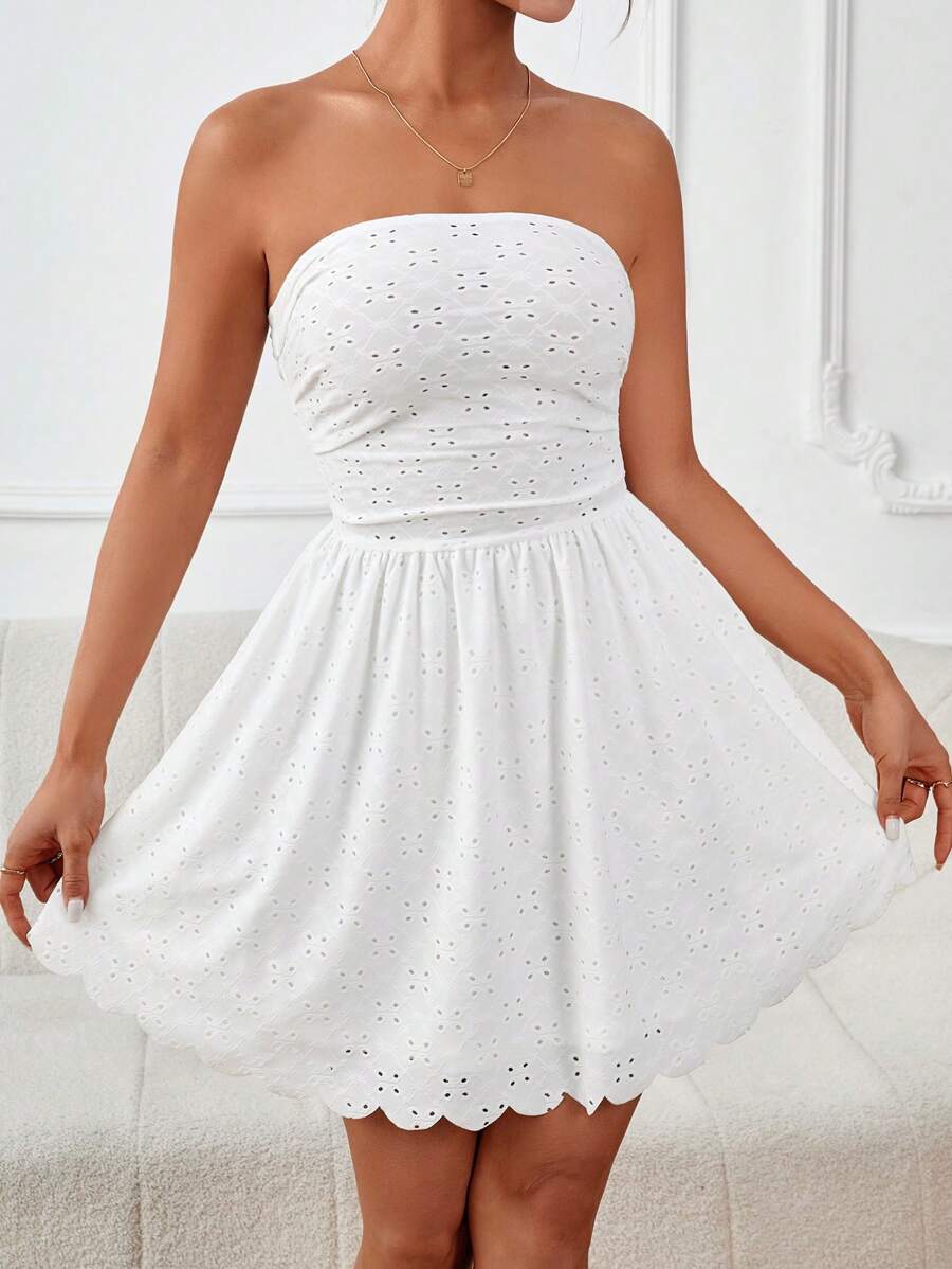 SHEIN PETITE Đầm Xù Sò điệp Tranh thêu màu trơn Boho - trắng - Xem 1