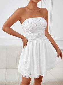 SHEIN PETITE Đầm Xù Sò điệp Tranh thêu màu trơn Boho - trắng - Xem 4