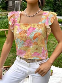 SHEIN VCAY 印花方領荷葉邊襯衫 - 彩色 - 查看 5