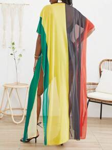 SHEIN Swim Curve 大碼撞色高衩網紗和服罩衫 - 彩色 - 查看 2