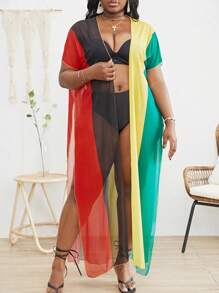 SHEIN Swim Curve 大碼撞色高衩網紗和服罩衫 - 彩色 - 查看 3