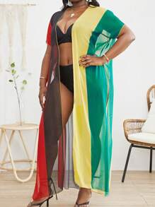 SHEIN Swim Curve 大碼撞色高衩網紗和服罩衫 - 彩色 - 查看 4