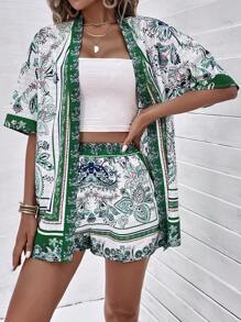 SHEIN VCAY 滿版印花和服罩衫和短褲 - 綠色 - 查看 6