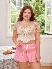 SHEIN MOD 大碼印花前繫帶泡泡袖襯衫 - 彩色 - 查看 3