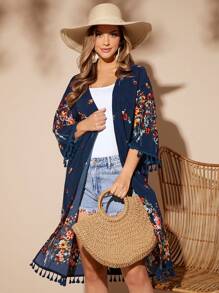SHEIN LUNE Floral Print Tassel Trim Open Front Kimono - Multicolor - View 4