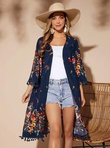 SHEIN LUNE Floral Print Tassel Trim Open Front Kimono - Multicolor - View 6