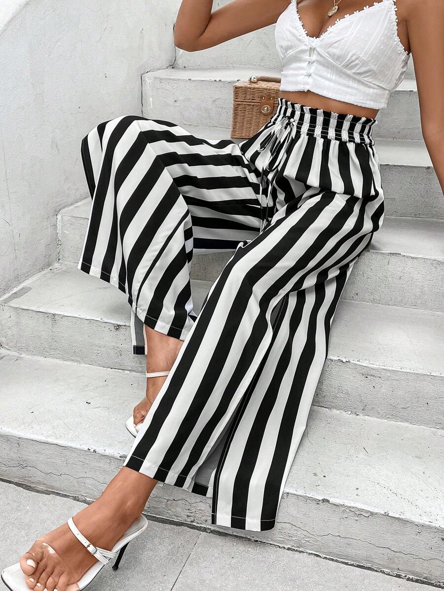 SHEIN VCAY Striped Print Paperbag Waist Wide Leg Trousers - Black and White - View 1