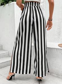 SHEIN VCAY Striped Print Paperbag Waist Wide Leg Trousers - Black and White - View 5