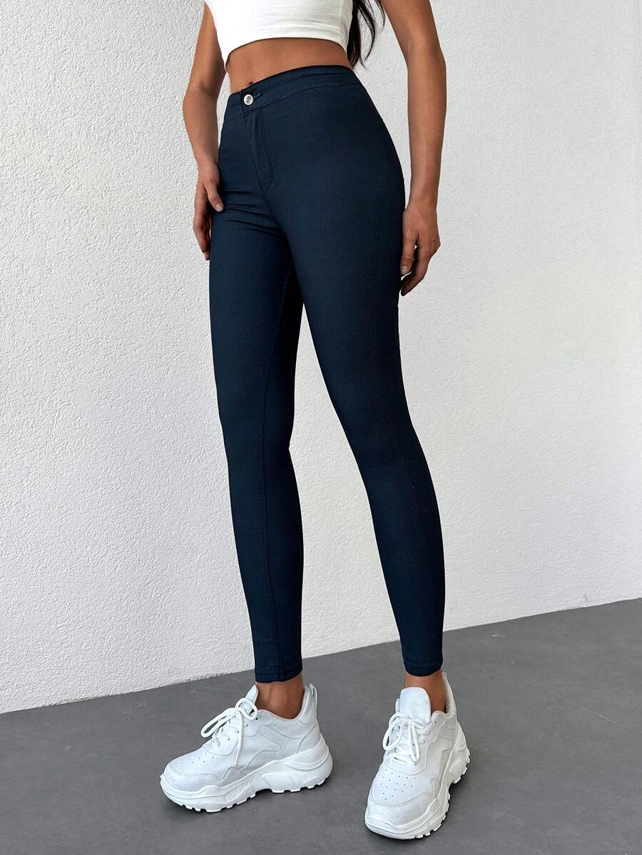 Solid Zipper Fly Skinny Jeans - Dark Wash - View 1