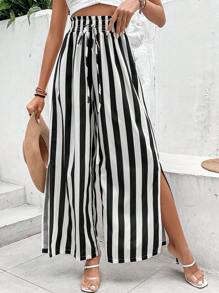 SHEIN VCAY Striped Print Paperbag Waist Wide Leg Trousers - Black and White - View 6