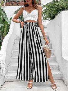 SHEIN VCAY Striped Print Paperbag Waist Wide Leg Trousers - Black and White - View 3