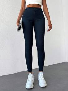 Solid Zipper Fly Skinny Jeans - Dark Wash - View 4