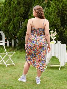 SHEIN MOD Đầm Plus Size Bất đối xứng Xù Dải chun Hoa Tất cả trên in Boho - Nhiều màu - Xem 2