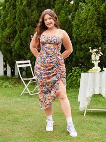 SHEIN MOD Đầm Plus Size Bất đối xứng Xù Dải chun Hoa Tất cả trên in Boho - Nhiều màu - Xem 3