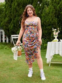 SHEIN MOD Đầm Plus Size Bất đối xứng Xù Dải chun Hoa Tất cả trên in Boho - Nhiều màu - Xem 5