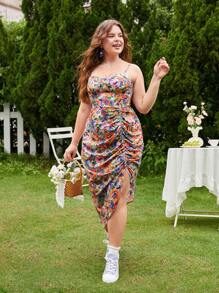 SHEIN MOD Đầm Plus Size Bất đối xứng Xù Dải chun Hoa Tất cả trên in Boho - Nhiều màu - Xem 6