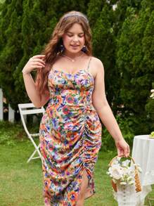 SHEIN MOD Đầm Plus Size Bất đối xứng Xù Dải chun Hoa Tất cả trên in Boho - Nhiều màu - Xem 7