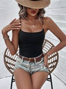 SHEIN LUNE Solid Cami Bodysuit - Black - View 4