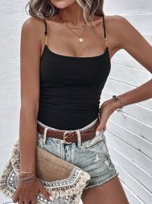 SHEIN LUNE Solid Cami Bodysuit - Black - View 5