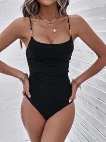 SHEIN LUNE Solid Cami Bodysuit - Black - View 6