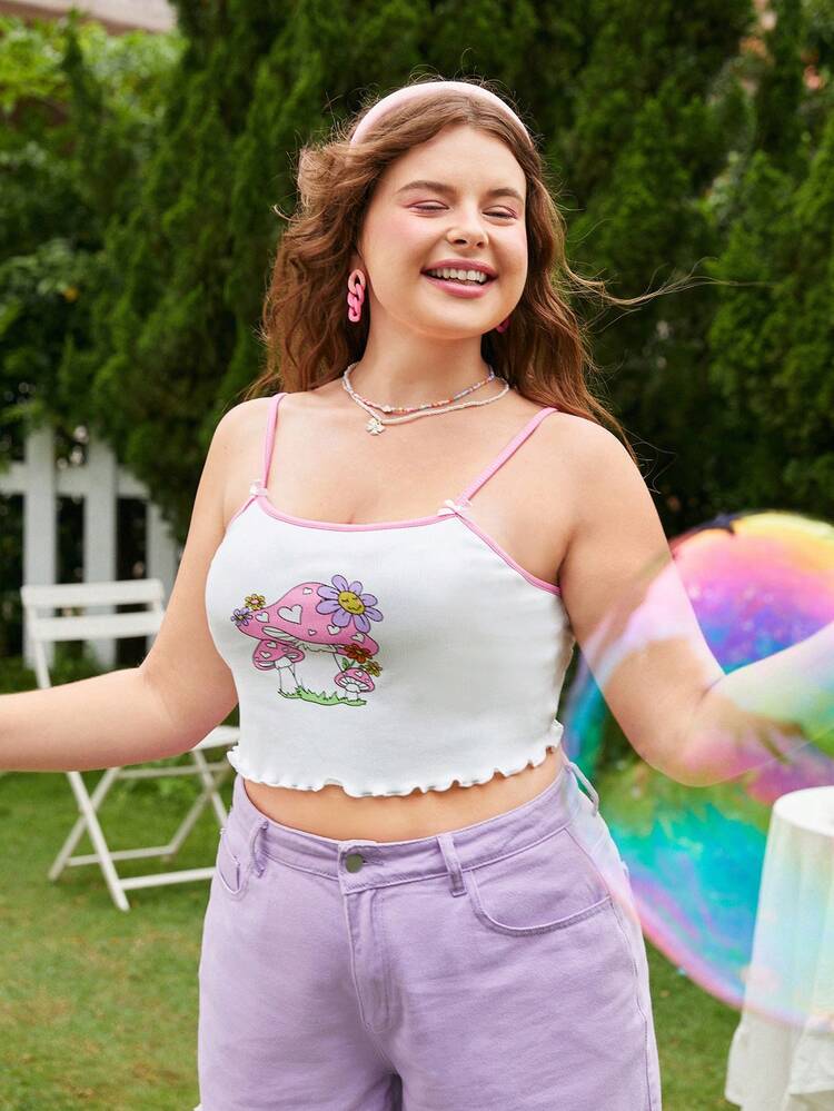 SHEIN MOD Plus Mushroom Print Contrast Binding Lettuce Trim Cami Top - White - View 4