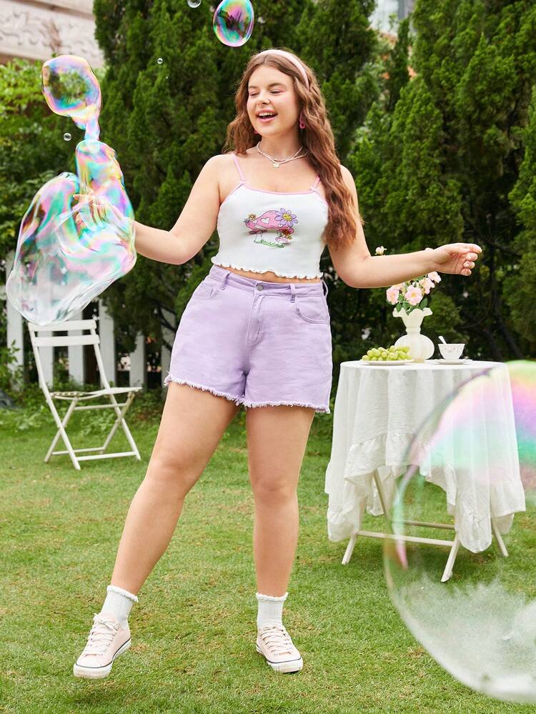 SHEIN MOD Plus Mushroom Print Contrast Binding Lettuce Trim Cami Top - White - View 5