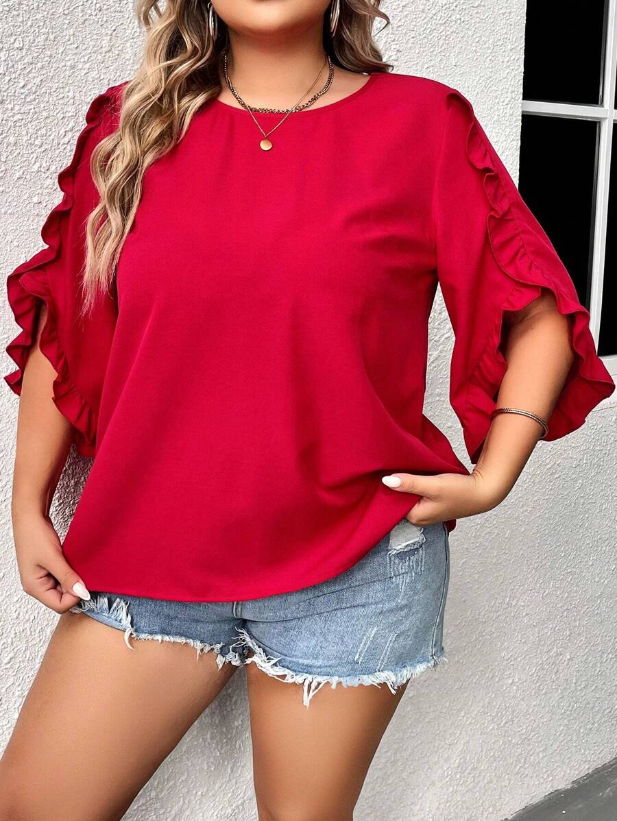 SHEIN Clasi Plus Ruffle Trim Petal Sleeve Blouse - Red - View 1