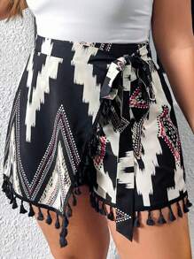 SHEIN VCAY 大码波西米亚风印花流苏边裹身结饰夏季短裙 - 杏色 - 查看 3