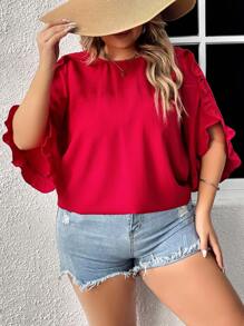 SHEIN Clasi Plus Ruffle Trim Petal Sleeve Blouse - Red - View 3