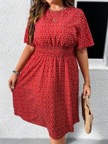 SHEIN VCAY Plus Confetti Heart Print Butterfly Sleeve Dress - Red - View 2