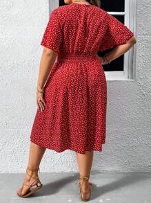 SHEIN VCAY Plus Confetti Heart Print Butterfly Sleeve Dress - Red - View 3